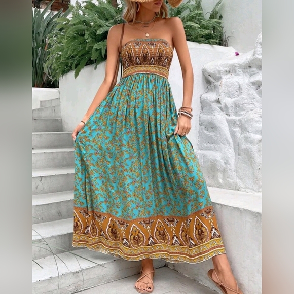 NEW Boho Floral Print Smocked Tube Top Dress Teal Blue Green Yellow Tan - Picture 2 of 8